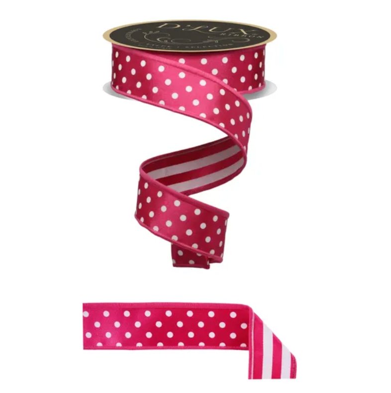 1.5" x 10yd Polka Dot/Stripe/Fused (Hot Pink/White)