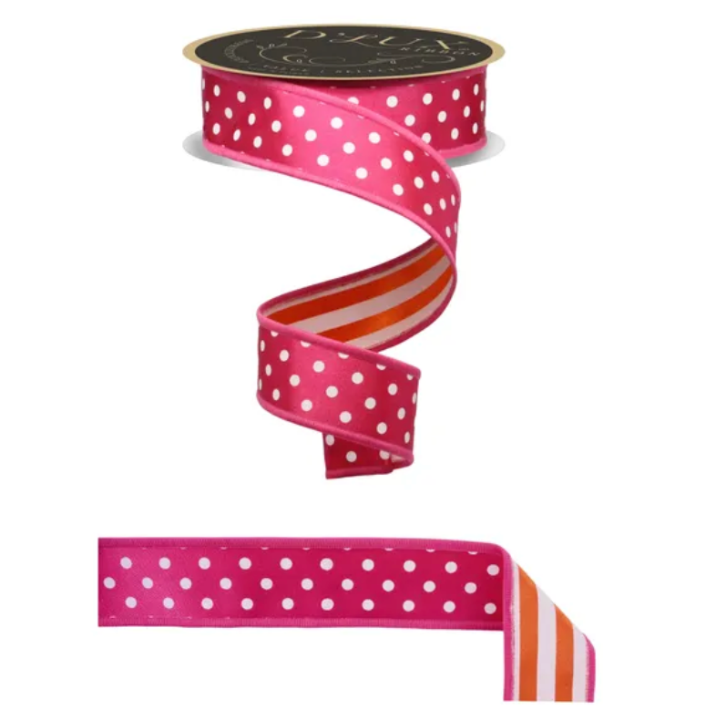 1.5" x 10yd Polka Dot/Stripe/Fused (Hot Pink/White/Orange)