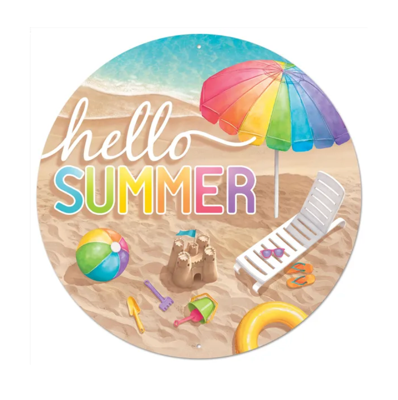12"Dia Metal Hello Summer W/Beach Sign