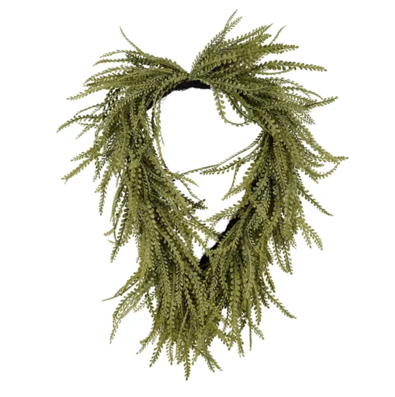 26"L X 17"W Draped Button Fern Beaded Grass Wreath (Green/Green Wash)