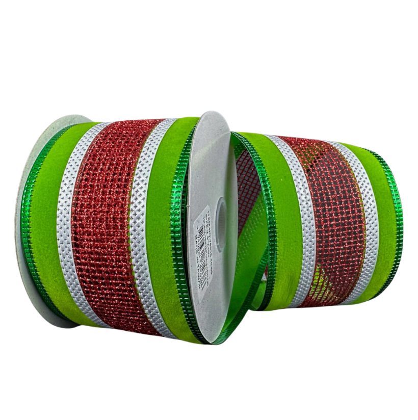 2.5" X 10YD Green Velvet W/ Metallic Mesh Stripe