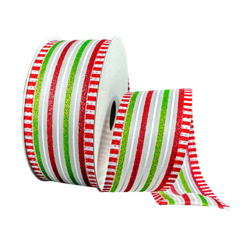 1.5" X 10YD Stripes W/ Peppermint Dash Edge (Red/Green/White)