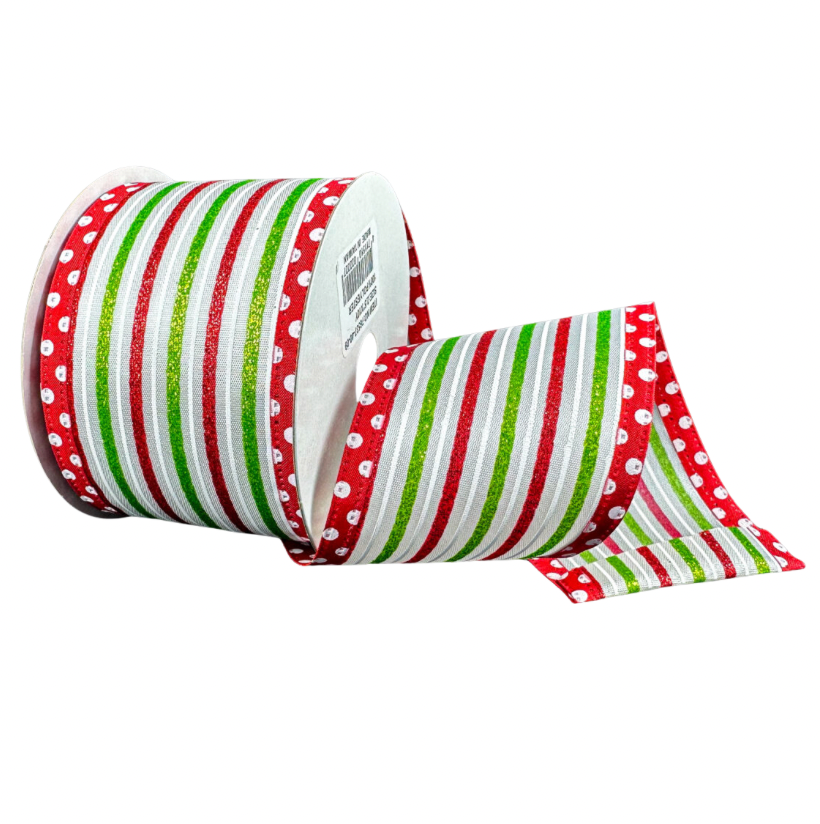2.5" X 10YD Stripes W/ Peppermint Dash Edge (Red/Green/White)
