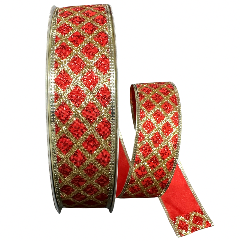 1.5" X 50YD Glitter Cross Stripe (Red/Gold)
