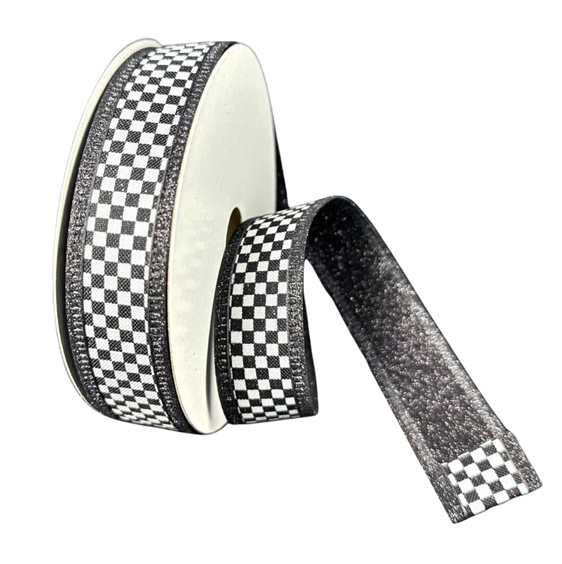 1" X 10YD Double Sided Checkerboard W/ Glitter (Black/White)