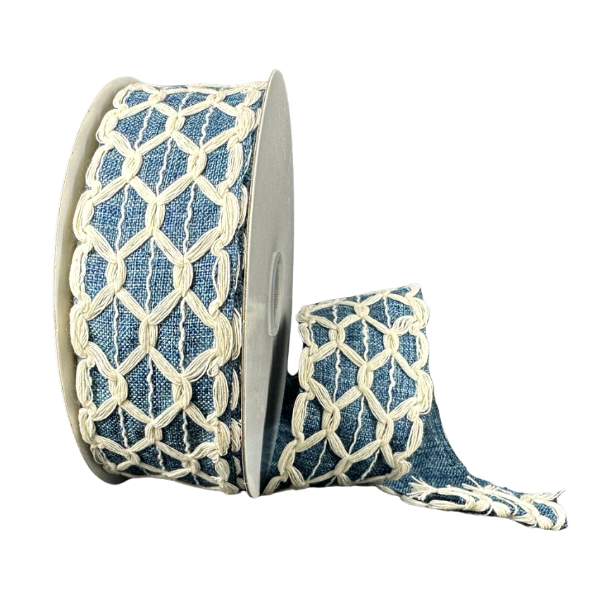 1.5"X10Y Ivory Scallop Burlap/Denim Linen (Denim/Cream)