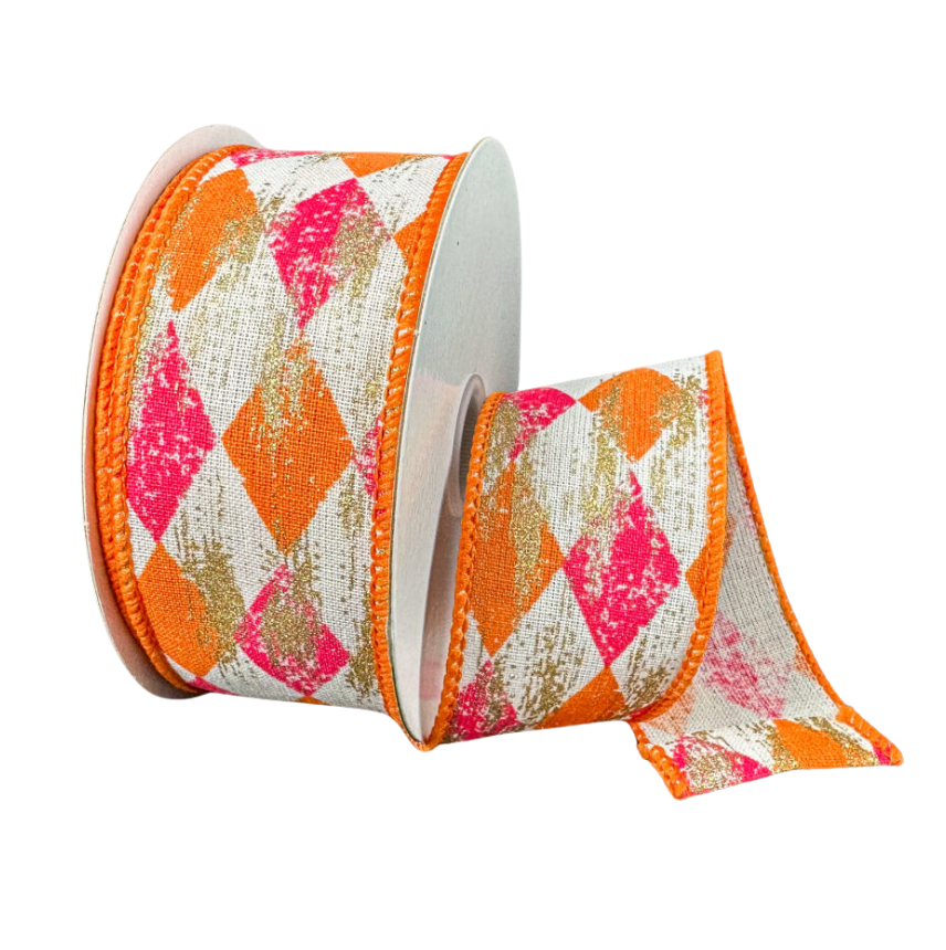 1.5"X10Y Cream/Orange/Pink Faded Harlequin/Gold Metallic