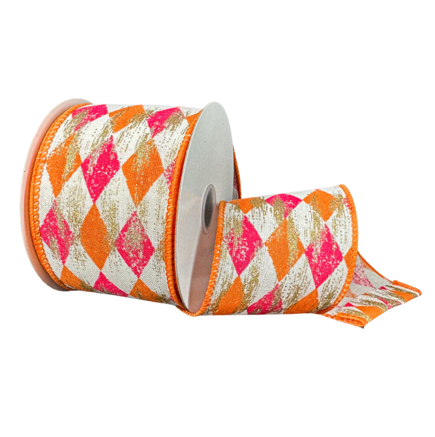 2.5"X10Y Cream/Orange/Pink Faded Harlequin/Gold Metallic
