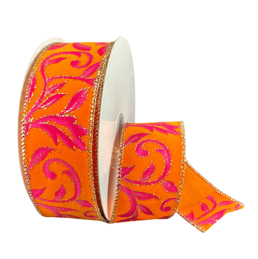 1.5"X10Y Orange Velvet/Fuchsia Gold Vine Swirls