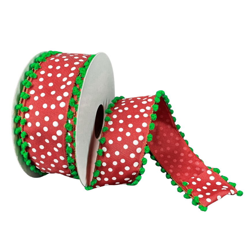 1.5"X10Y Red/White Polka Dot with Lime Green Ball Edge