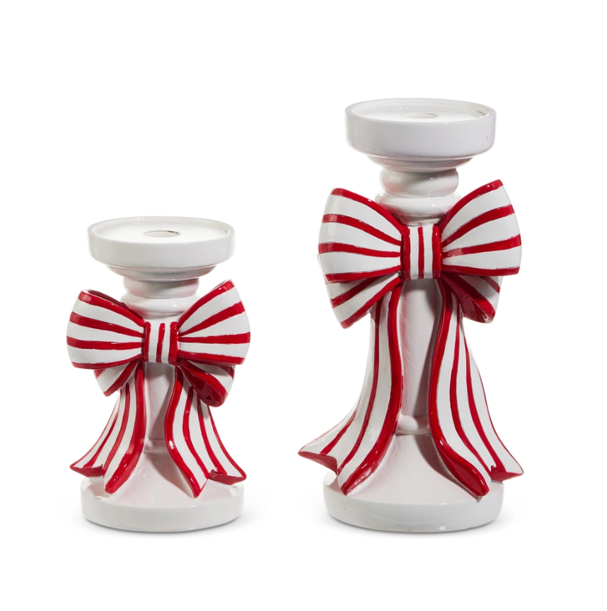 Red And White Stripe Bow Candle Holders (Set of 2)