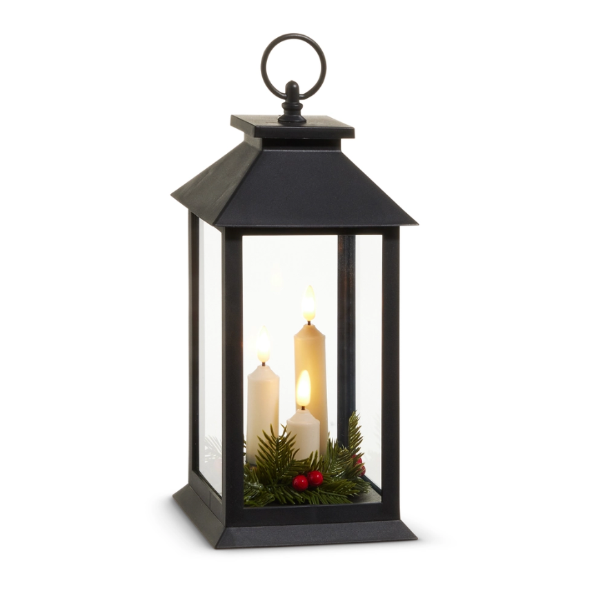 12" Lantern With Candles And Greenery