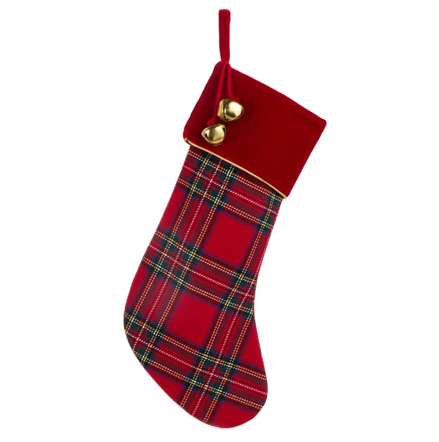 20" Red Plaid Stocking With Bells