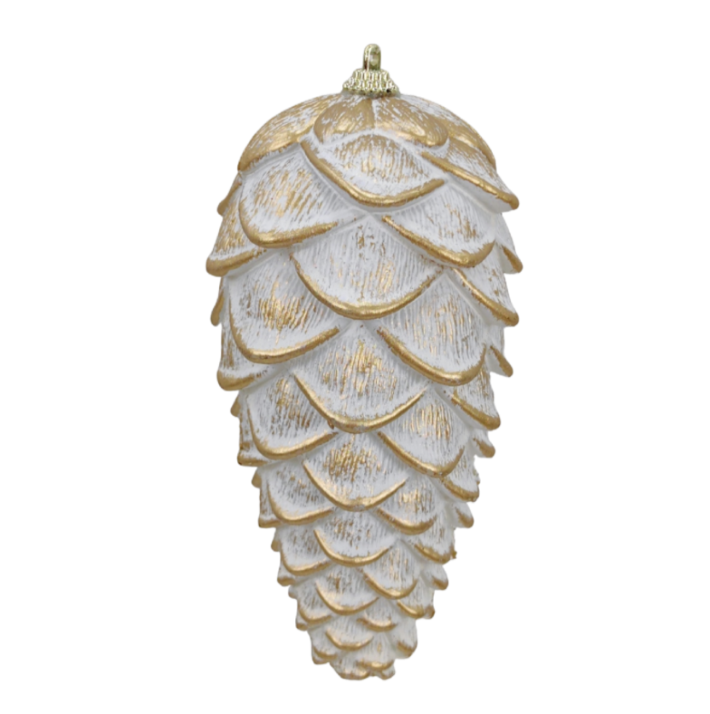 7" Hanging Pine Cone (White/Gold)