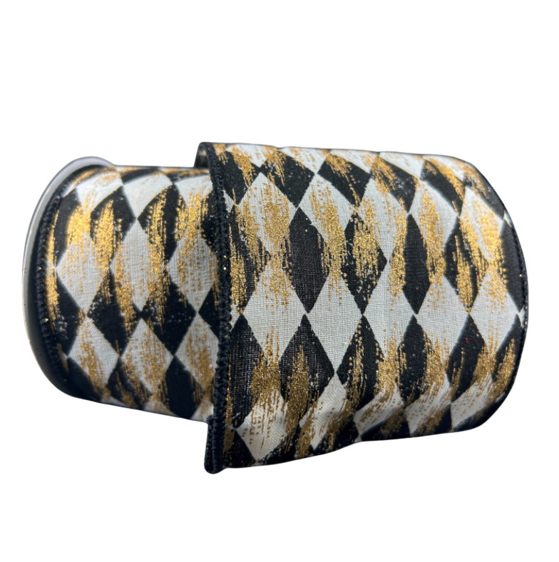 4"X10Y Cream/Black Faded Harlequin W/ Gold Metallic