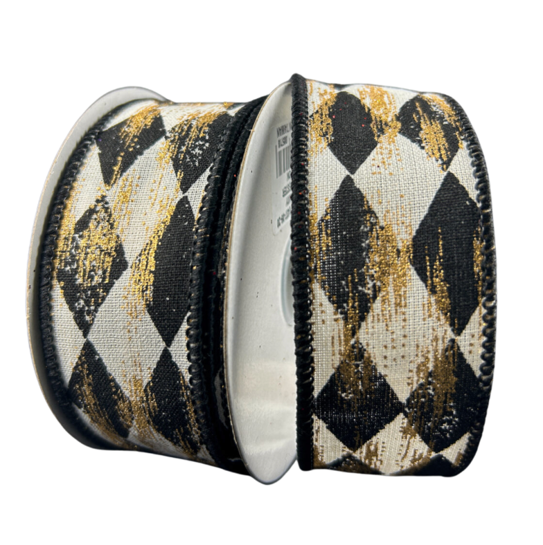 1.5"X10Y Cream/Black Faded Harlequin W/ Gold Metallic