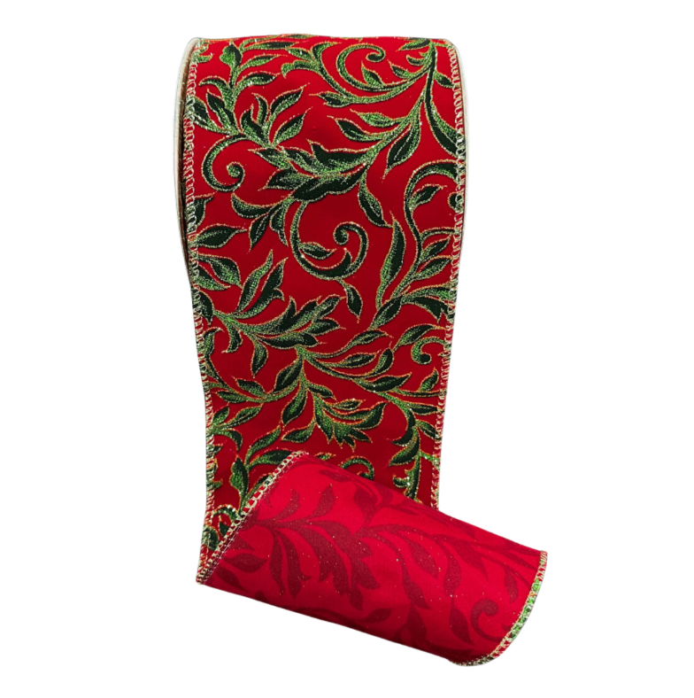 4"X10Y Red Velvet W/ Hunter Green Vine Swirls
