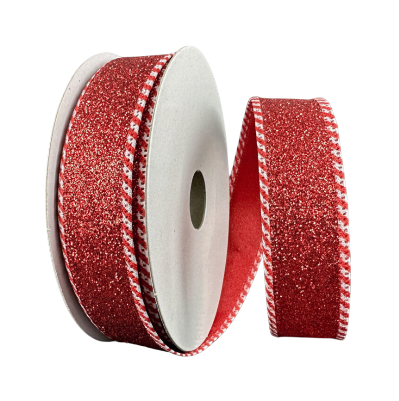 7/8"X10Y Red Metallic Glitter W/ Candy Cane Edge