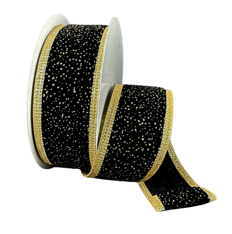 1.5"X10Y Black Velvet W/ Gold Specks and Edge