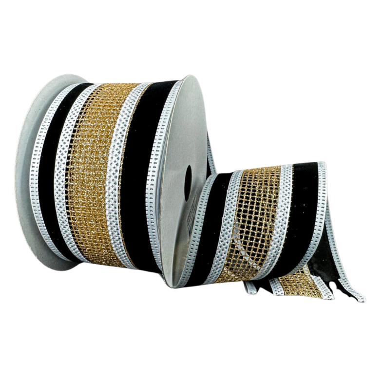 2.5"X10Y Gold Glitter Net/Black Velvet Edge W/ White Line