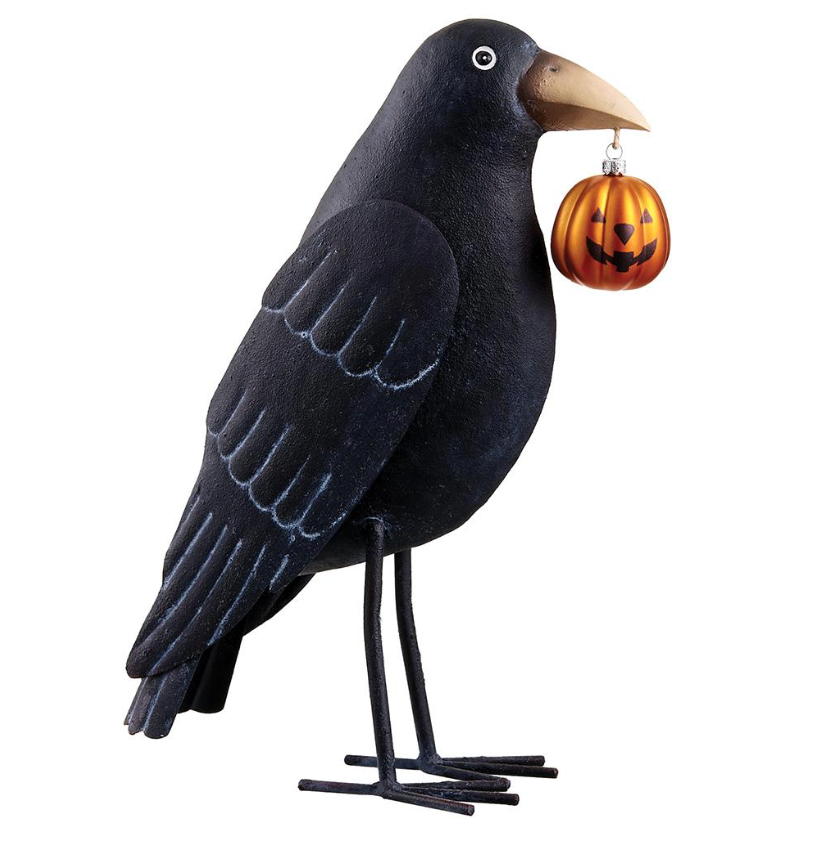 12" Crow Holding A Jack-O-Lantern
