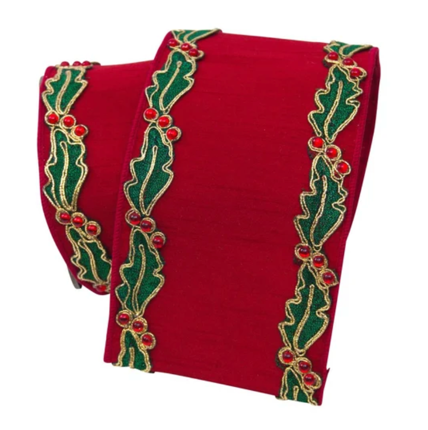 4"X10YD Holly Border (Red/Green) Farrisilk
