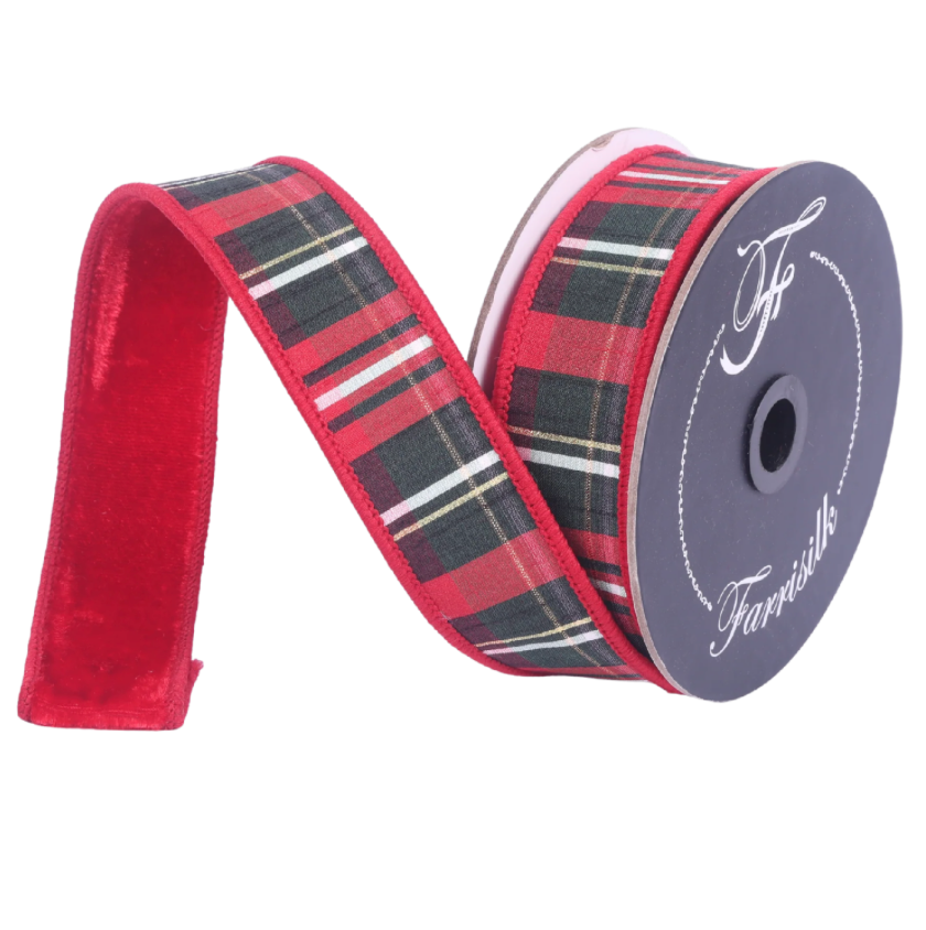 1.5"X10YD Plaid Plush (Red/Pine/White) Farrisilk