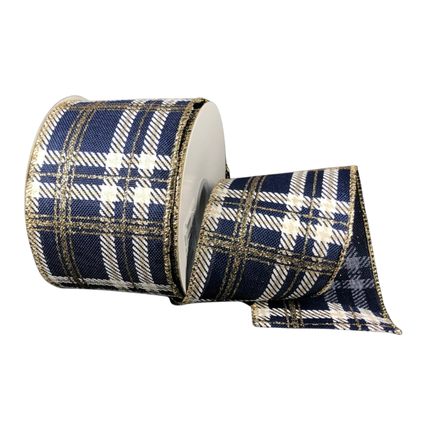 2.5"X10Y Glitter Plaid Print (Navy/Linen/Champagne)
