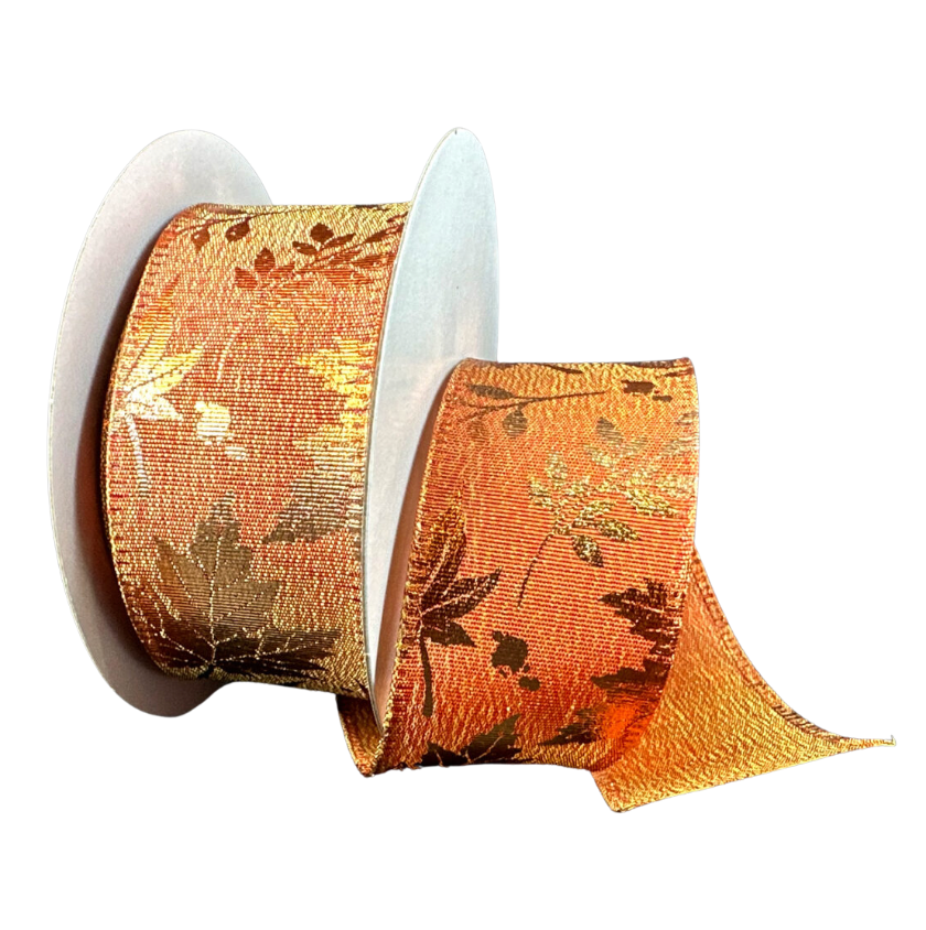 1.5"X10Y Metallic Embossed Leaves (Orange/Rust/Gold)