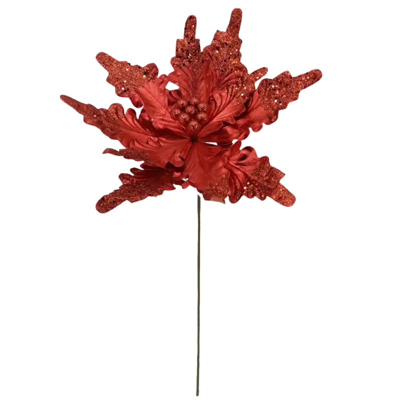15" Glitter Poinsettia Stem (Red)