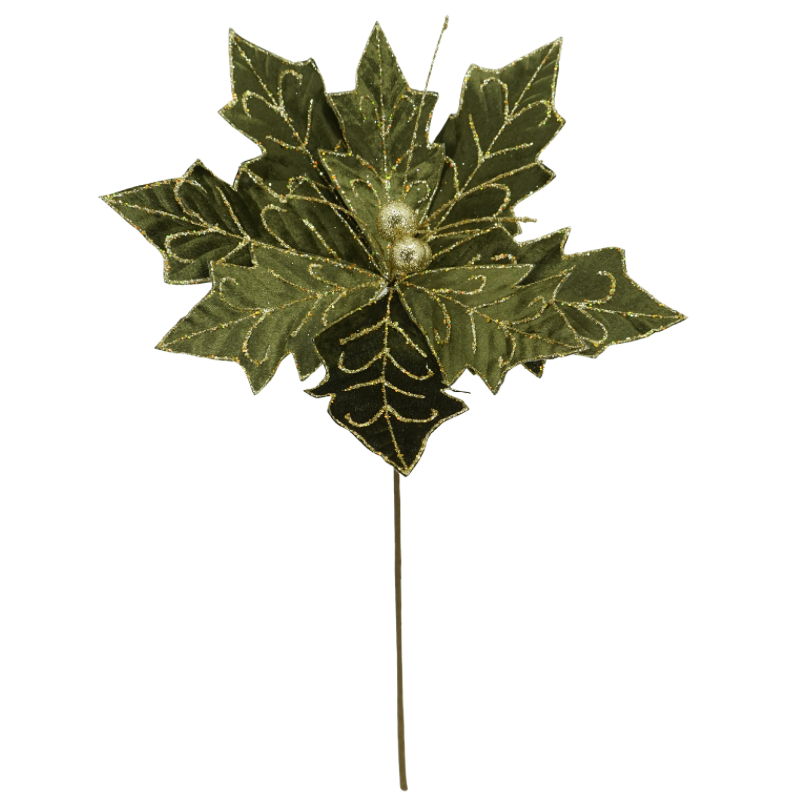 15" Velvet Poinsettia Stem (Moss/Gold)