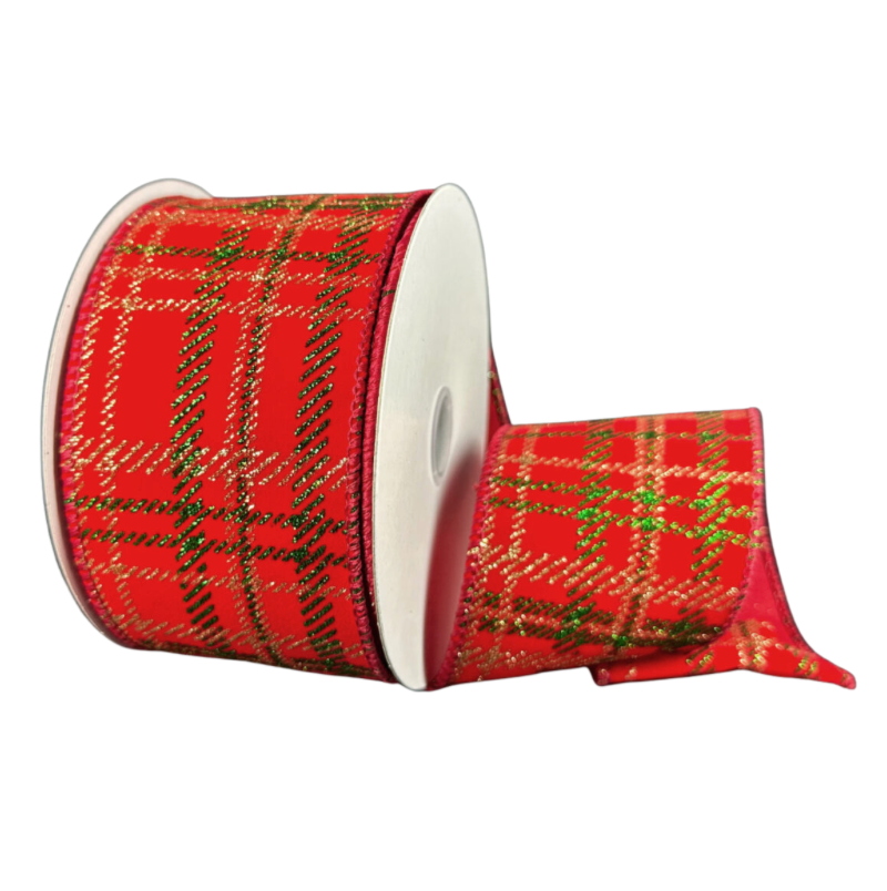 2.5"X10Y Velvet Glitter Plaid (Red/Green/Gold)