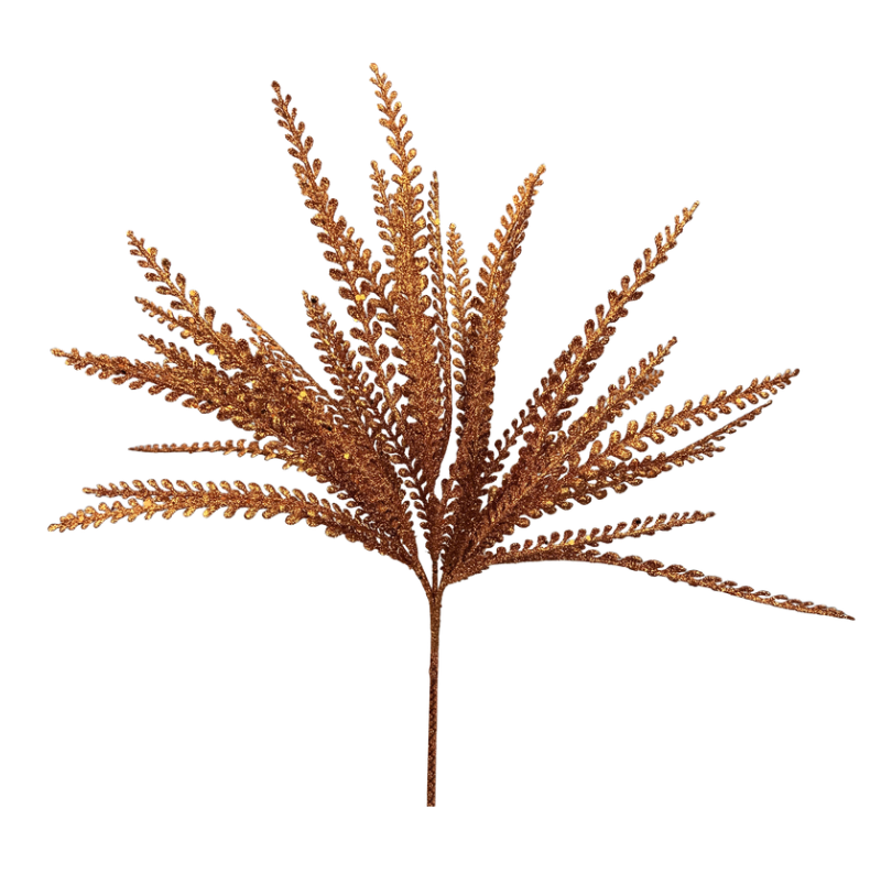 16" Glitter Plastic Leaves Button Fern Beaded Grass Bush  (Orange)