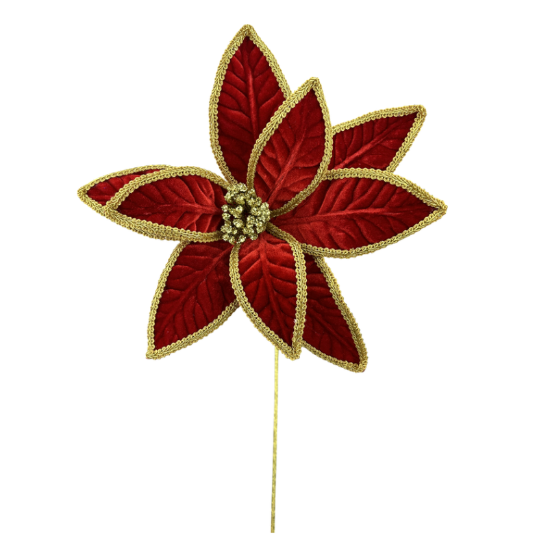 22" Poinsettia W/ Gold Trim Stem (Red)