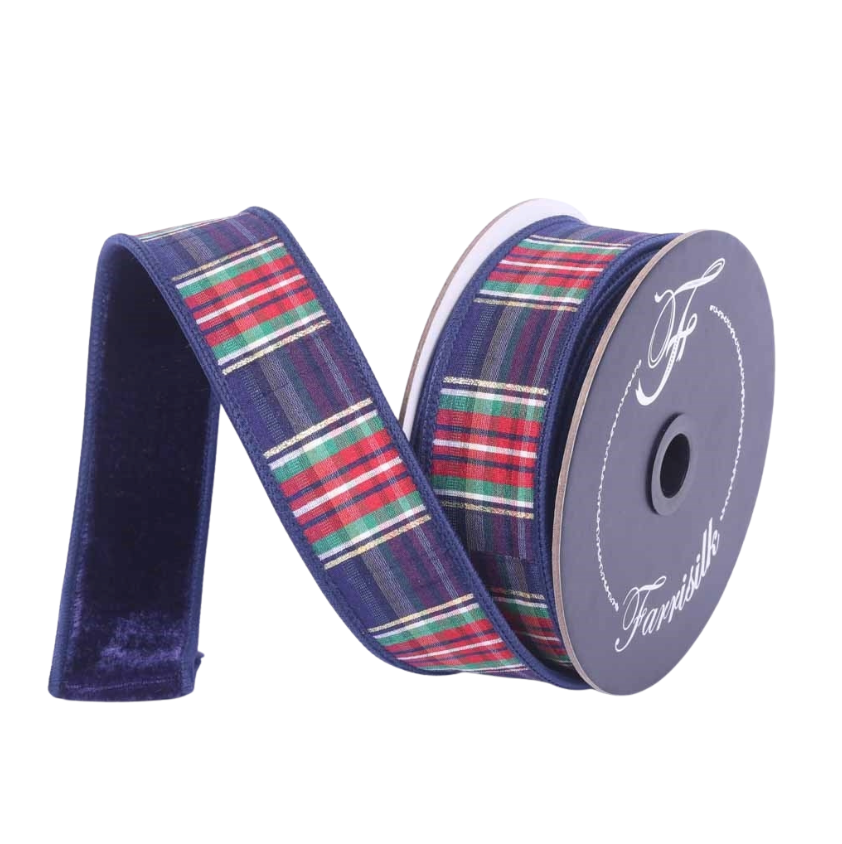 1.5"X10YD Plaid Plush (Navy) Farrisilk