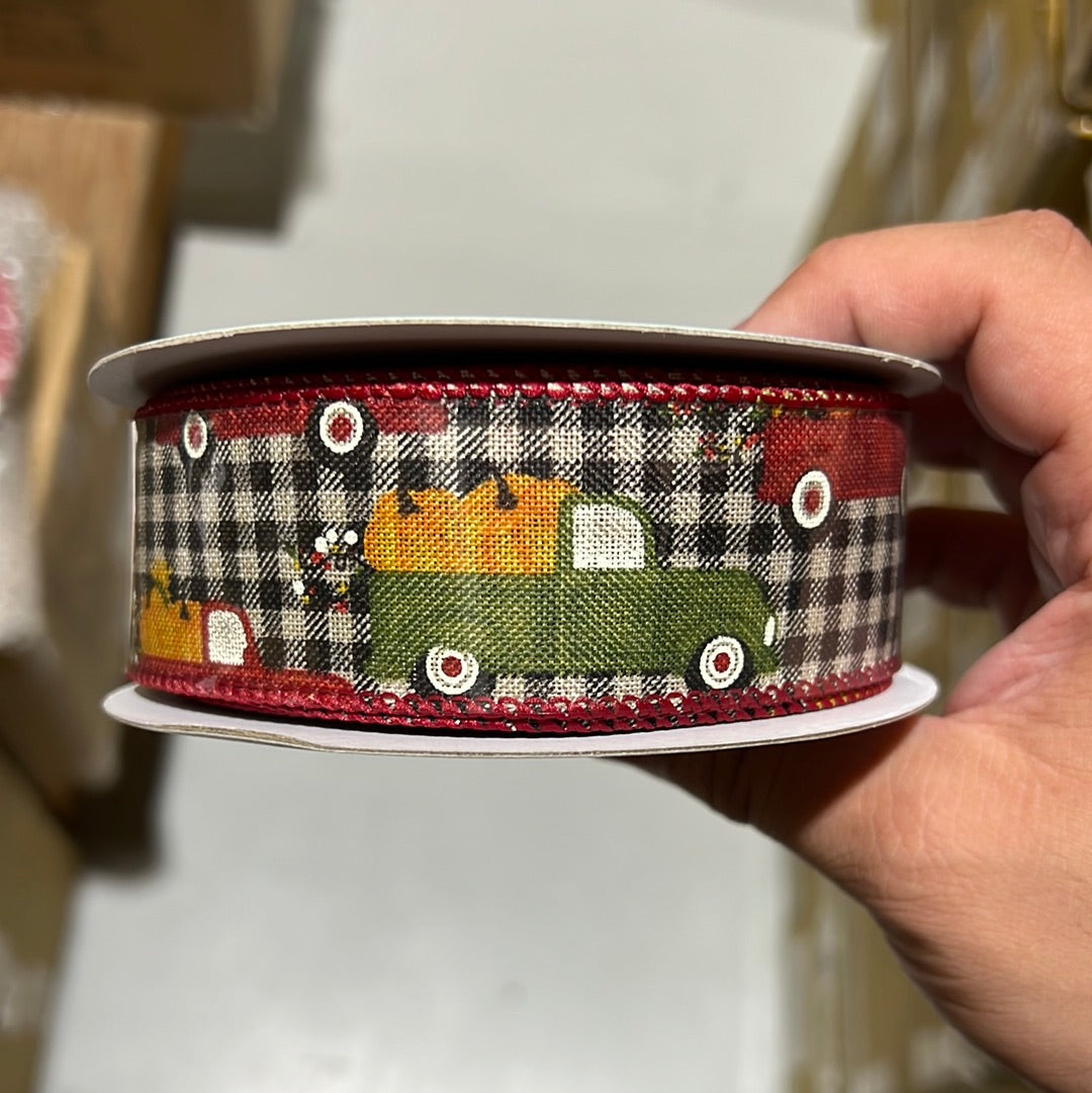 1.5” Gingham Fall Pumpkin Truck ribbon