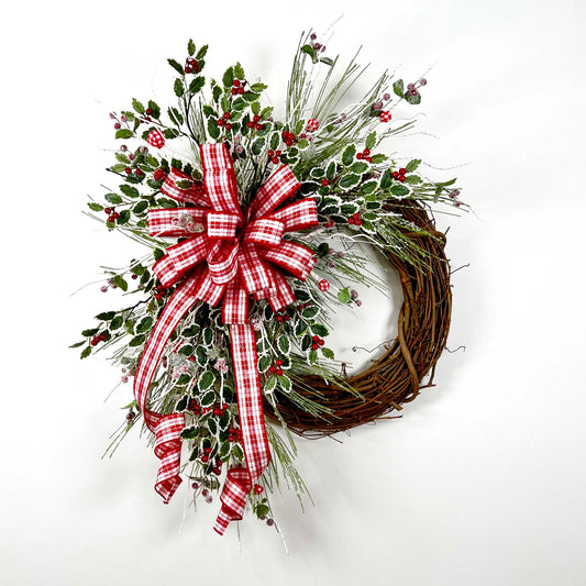 Red Plaid Snowy Pine Holly Wreath Kit