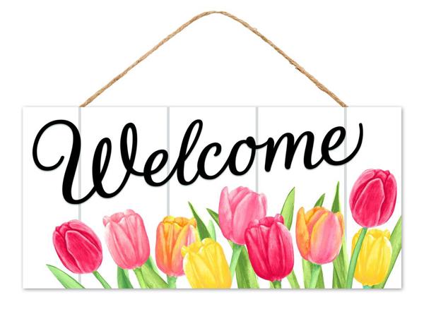 12.5"L x 6"H Mdf Welcome W/Tulips Sign